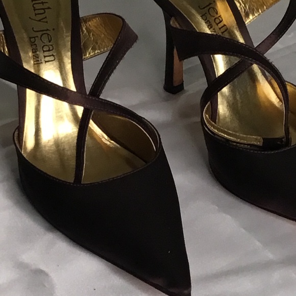 Brown Satin Criss-cross Strap Ankle Heels  Lined in Gold Leather! Very Feminine! - Picture 3 of 4